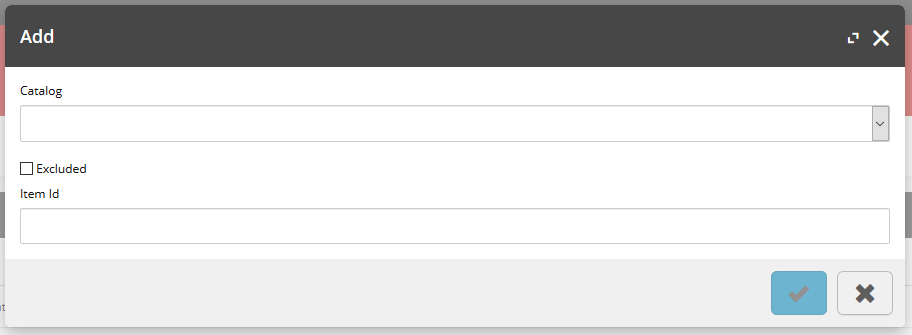 Modal dialog to add a catalog item restriction to a promotion. Content typed in the Item Id field triggers a search to retrieve matching catalog items.